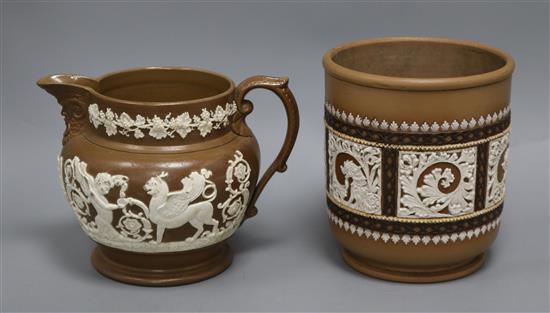 A Victorian relief moulded jug and a Doulton Slaters Patent jardiniere Jardiniere 19cm high